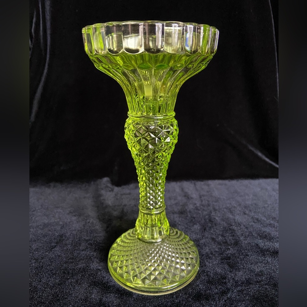 Stunning Vintage Lime Green Pressed Glass Candleholder for both Taper or Pillar
